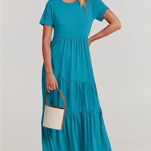 NWOT Women’s Blue Summer Maxi Dress – Short Sleeve Swing, Tiered Medium - Picture 1 of 17